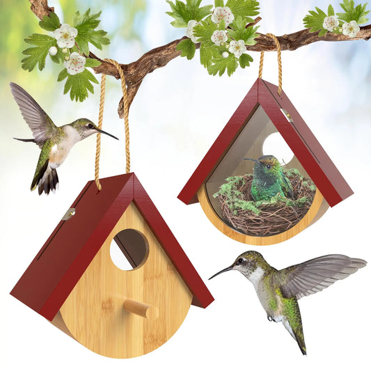2-Pack Wooden Hummingbird Houses with Viewing Window for Outdoor Nesting and Garden Décor