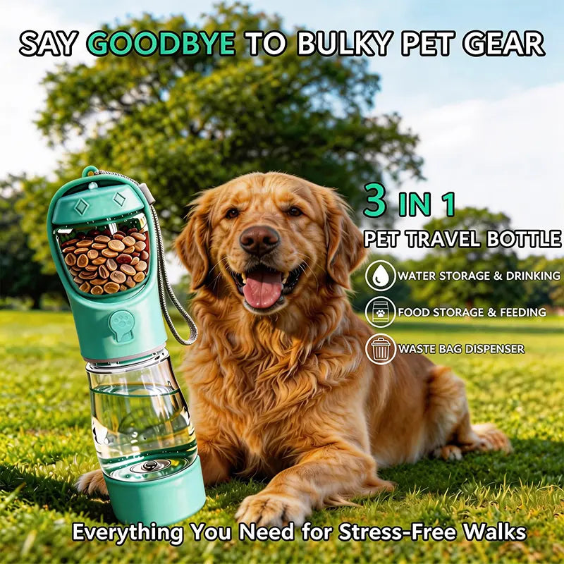 3-in-1 Portable Pet Water Bottle, 20 oz Leak-Proof Dog Water Dispenser with Built-In Poop Bag Holder for Travel and Outdoor Adventures