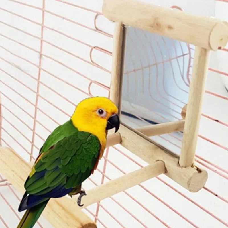 Bird Mirror Wooden Hanging Swing Interactive Play Toys for Small Parrot Budgies Macaw African Grey Parakeet Cockatiel Conure Lovebird Cage Accessories