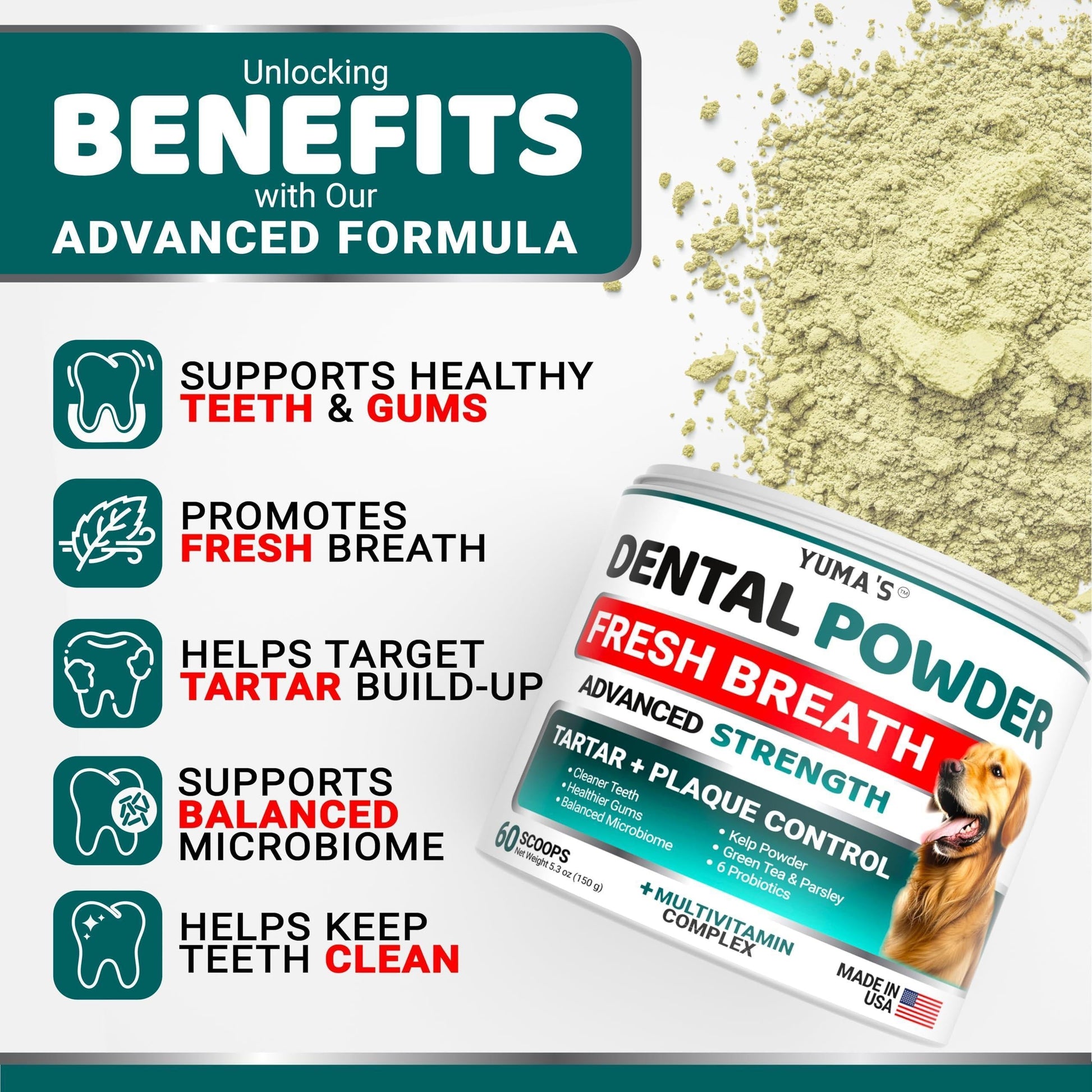Dog Dental Powder Breath Freshener Dog Teeth Cleaning Powder Tartar and Plaque off Remover for Dogs Probiotics Multivitamin Blend Pet Oral Care Vitamins and Supplements All Breeds & Sizes