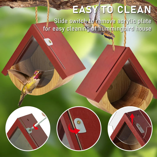 2-Pack Wooden Hummingbird Houses with Viewing Window for Outdoor Nesting and Garden Décor