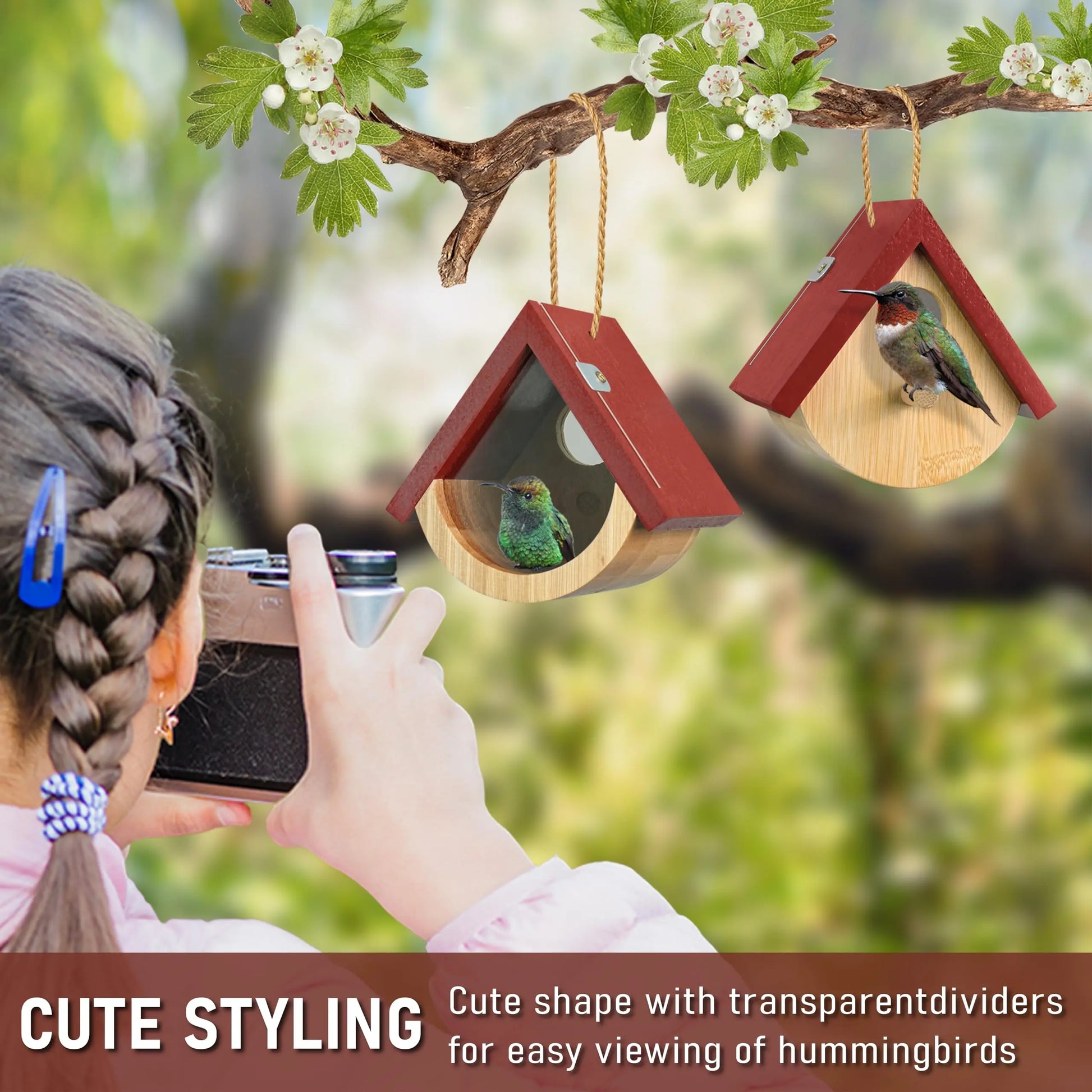 2-Pack Wooden Hummingbird Houses with Viewing Window for Outdoor Nesting and Garden Décor